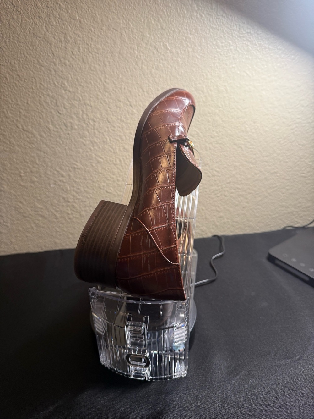Brown Croc-Embossed Mary Jane Block Heel